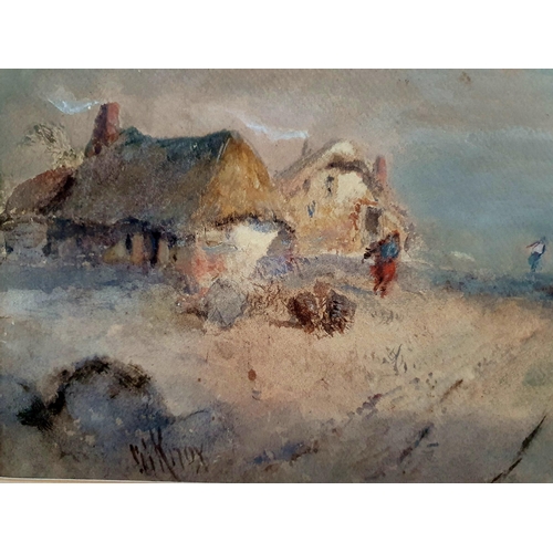 36 - Wilfred Knox watercolour of cottages with figures by the shore on a windy day.  Signed and mounted, ... 