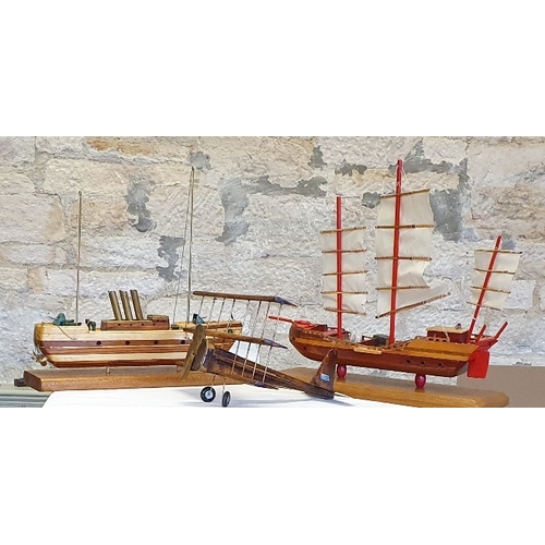 64 - Wooden Model Tri Plane together with Two Hand Crafted Boats