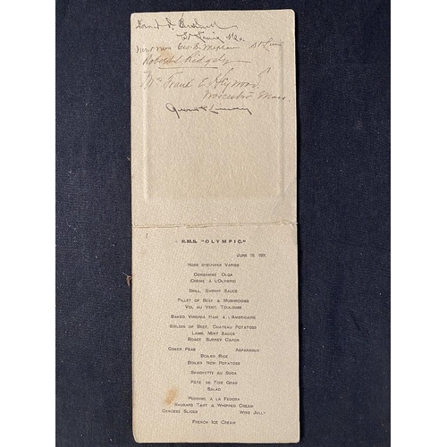 114 - R.M.S. OLYMPIC: First Class dinner menu, June 18th 1911. Eastbound maiden voyage, five signatures of... 