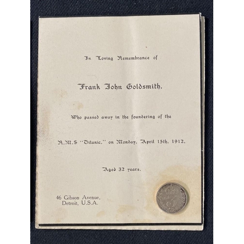 205 - R.M.S. TITANIC: An unusual mourning card in loving remembrance of Frank John Goldsmith, 46 Carter Av... 