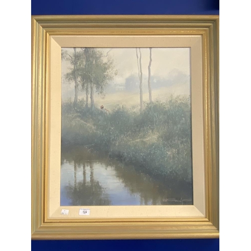 124 - 20th cent. Dutch School: Ron Van Gennip, oil on board, river and girl. 19ins. x 24ins.