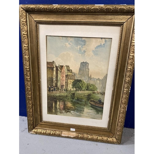 130 - Louis Burleigh Bruhl 1861-1942 print of an inland waterway, possibly Dutch. 12ins. x 16ins.