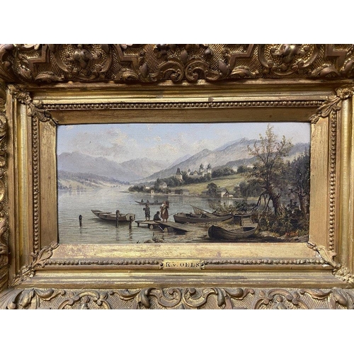 140 - 19th cent. Continental School: Oil on board, label on reverse 'At Chiemsee' showing figures and boat... 