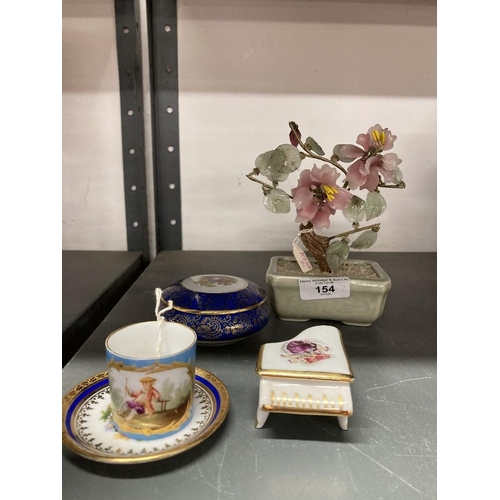 154 - 20th cent. Porcelain Limoges pin dish with lid, piano shaped pin dish, small plate, and coffee can a... 