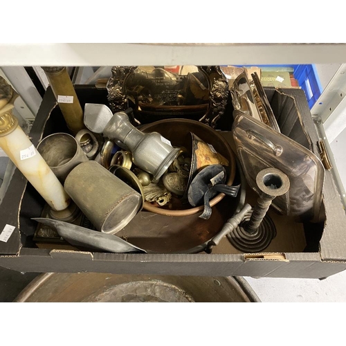 21 - 19th/20th cent. Metalware: Copper preserve pan, copper bowl, iron and brass candlesticks, column lam... 