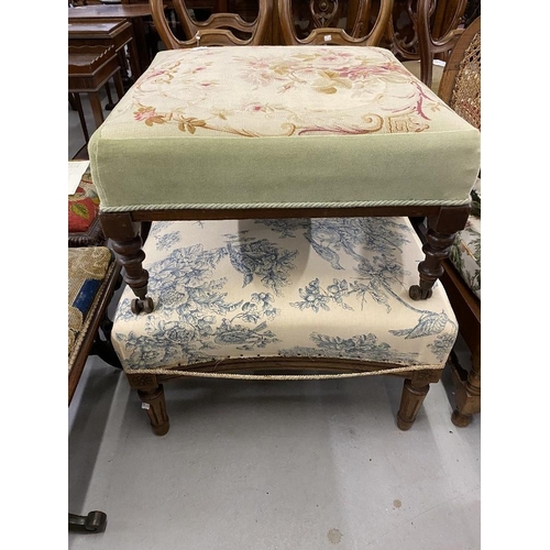 59 - 19th cent. Two large mahogany footstools with floral cushioned upholstery.