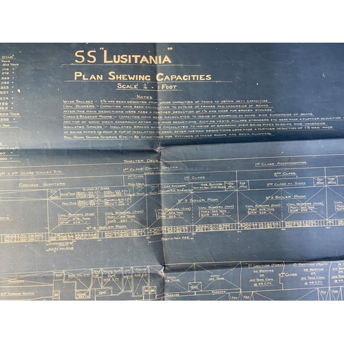 53 - R.M.S. LUSITANIA: An extremely rare blueprint of the S.S. Lusitania titled 'Plan Shewing Capacities'... 