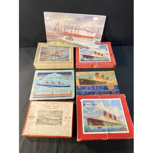 74 - OCEAN LINER: Victory plywood jigsaw puzzle (1 piece missing), R.M.S. Queen Mary on front. Victory pl... 