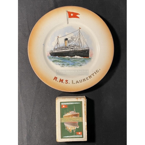 88 - WHITE STAR LINE: R.M.S. Laurentic souvenir plate, plus a pack of White Star Line playing cards. (2)