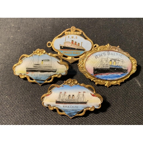 92 - WHITE STAR LINE: Cunard and White Star Line souvenir brooches - R.M.S. Baltic, R.M.S. Celtic, R.M.S.... 