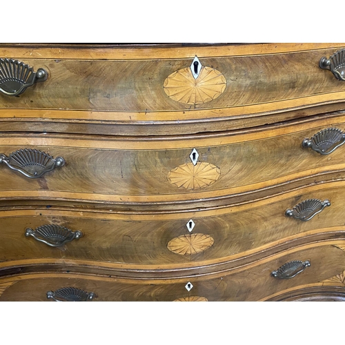 107 - Early 19th cent. Mahogany inlaid with fruitwood, serpentine chest of drawers, oval mons inlays on to... 