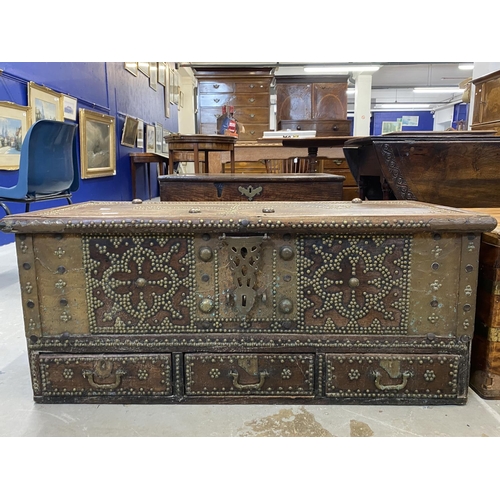 118 - Campaign Furniture: Period Zanzibar chest with lift up top above three drawers, decorated with brass... 