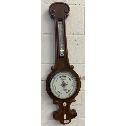 122 - Early 20th cent. Mahogany banjo style barometer, white enamel dial with thermometer above. A. Casart... 