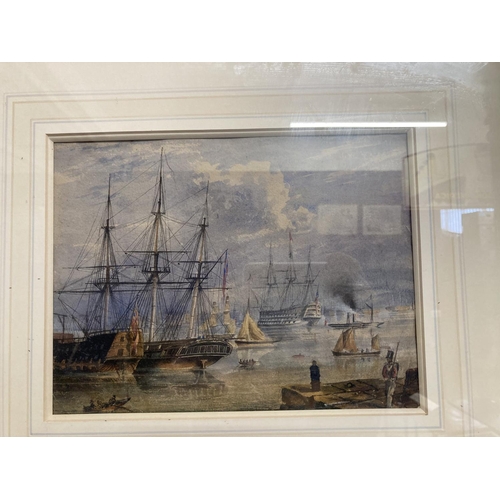 179 - 19th cent. English School: Watercolour Royal Naval Warships in Portsmouth Harbour. 9½ins. x 7½ins.