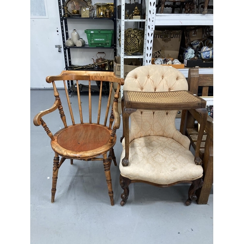 27 - 20th cent. Button back nursing chair, spindle back carver, and a rattan stool.