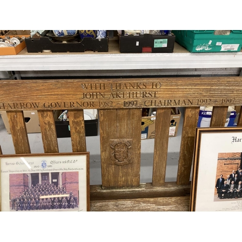 28 - Harrow School: 20th cent. Bench carved Harrow Crest and 'With Thanks to John Akehurst Harrow Governo... 