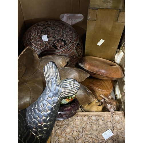 363 - 20th cent. Treen, carved elephant, fish, leaf bowl, gilt painted miniature chest of drawers, bangle,... 