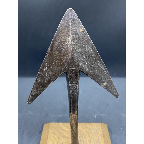 371 - Unusual 19th cent. harpoon head, engraved H.S on a later oak base. 7ins.