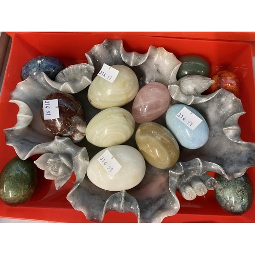 373 - Minerals: Ground and polished eggs, rose crystal, agates, etc. x 12, plus soapstone carved dish.