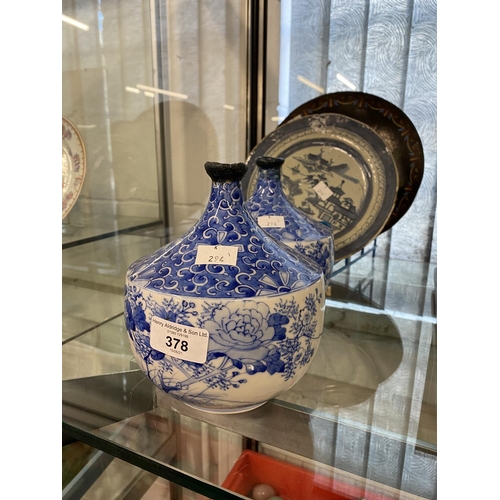 378 - Ceramics: 19th cent. Cantonese blue and white plate A/F, 19th cent. Mallet shaped vases, a pair. Clo... 