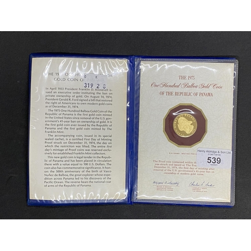 539 - Numismatics: Gold coin Panama 100 Balboa 1975 (Franklin Mint) 900/1000. 8.6g.