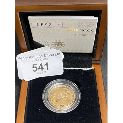 541 - Numismatics: Gold coin Elizabeth II Proof Sovereign 2012. Boxed.