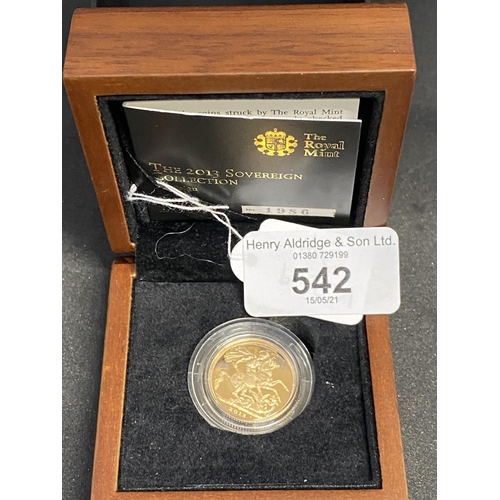 542 - Numismatics: Gold coin Elizabeth II Proof Sovereign 2013. Boxed.