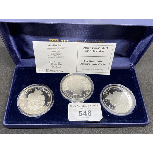 546 - Numismatics: Queen Elizabeth Silver Proof Crowns (Five Pounds) Guernsey, Jersey and Alderney. 3 x 28... 