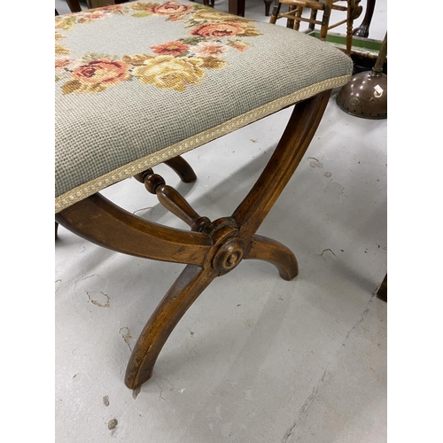 66 - 19th cent. Mahogany side table, plus a Regency style cross stretcher footstool. (2)