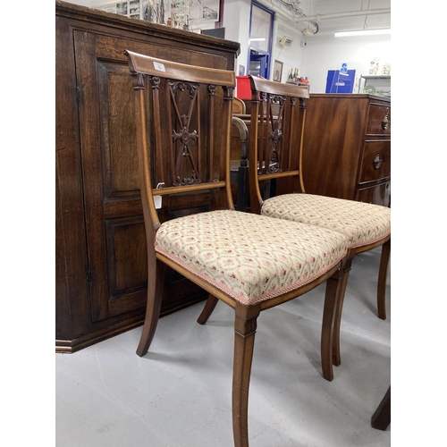 70 - 19th cent. Mahogany Regency revival satinwood and ebony inlaid hall chairs, spindle carved backs, sa... 