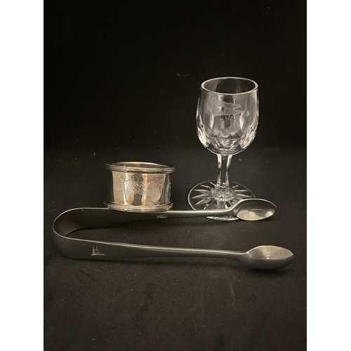 185 - WHITE STAR LINE: Crystal liqueur glass. 3ins. Plus napkin ring and sugar tongs. (3)