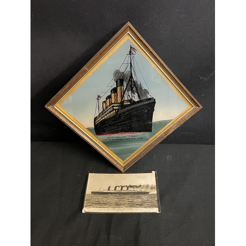 188 - OCEAN LINER: R.M.S. Titanic reverse glass painting, Lusitania post-disaster real photo card and a gr... 