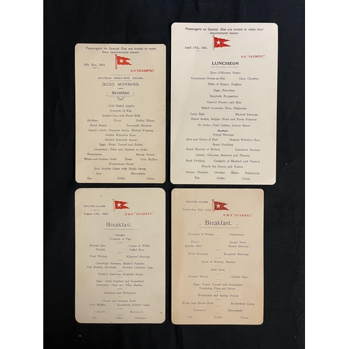 189 - R.M.S. OLYMPIC: Printed menus dating from 1921 to 1931. (4)