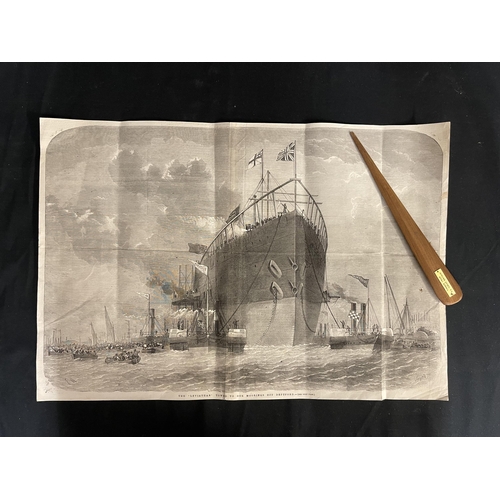 19 - BRUNEL: 19th Century prints of The Great Eastern at sea. 20ins. x 14ins. Plus a treen page turner be... 