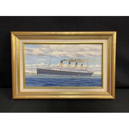 35 - MARINE ART: 20th Century oil on canvas of Titanic at sea by Simon Fisher. 13ins. x 8ins.