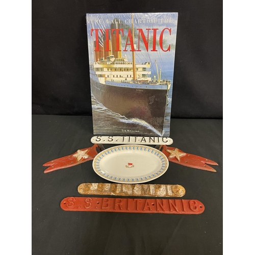 36 - R.M.S. TITANIC: Mixed collection of reproduction items including, lifeboat plaques and Vinolia Soap ... 