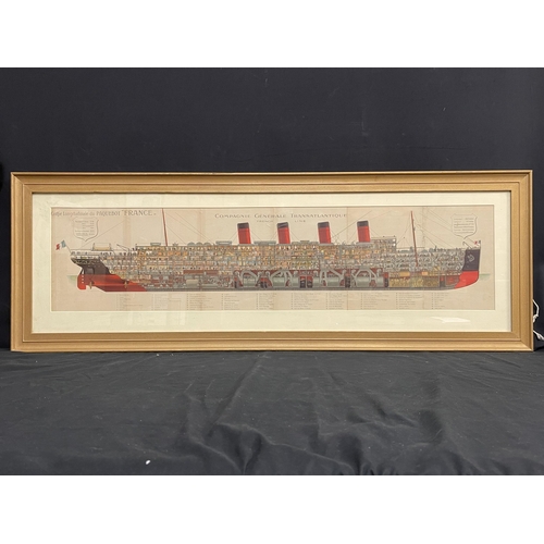 5 - OCEAN LINER: Rare Compagnie Générale Transatlantique France cross-sectional cut-away, in colour. 95i... 