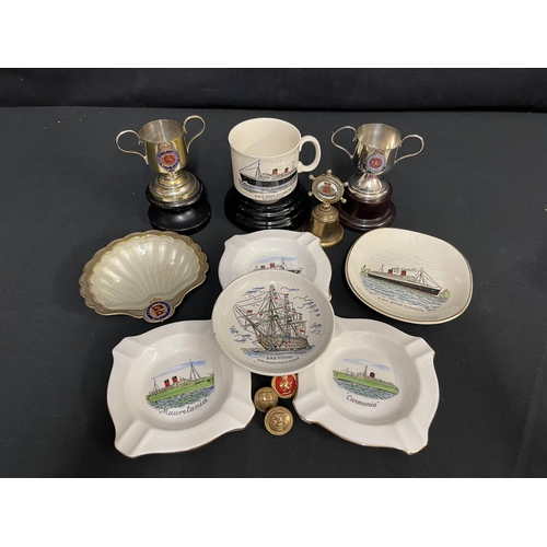 66 - CUNARD/OCEAN LINER: Collection of ceramic and plated shipboard souvenirs and buttons including, R.M.... 