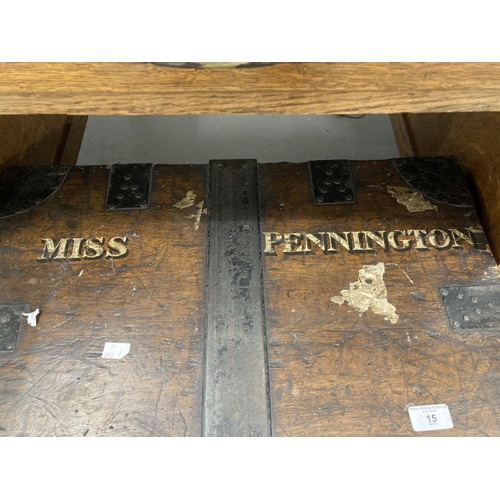 15 - 19th cent. Oak iron bound silver/valuables box. The lid stencilled with original lettering Miss Penn... 