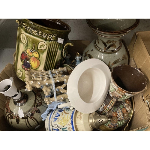 24 - Ceramics: Rumtopf pot, 10ins. Studio Pottery vase marked M.B. Studio Pottery lamp base, Carlton Ware... 