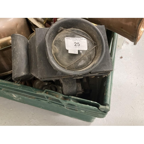 25 - Metalware: Brass and pewter assorted lamps includes a Freddie Anderson clear drop, and an early 20th... 