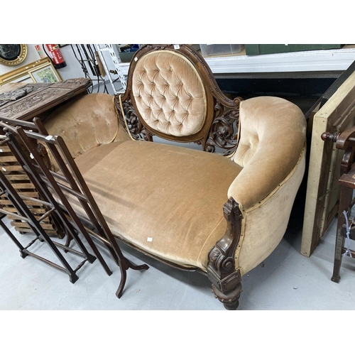 13 - 19th cent. Show wood pierced button back sofa, brown upholstered.