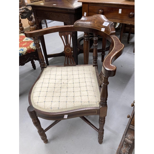 49 - Edwardian inlaid mahogany corner chair with cross stretchers.