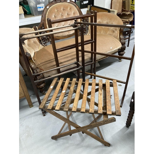 14 - Late 19th early 20th cent. Collection of mahogany household goods to include towel rails, suitcase r... 