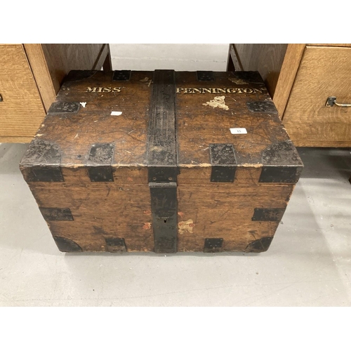 15 - 19th cent. Oak iron bound silver/valuables box. The lid stencilled with original lettering Miss Penn... 
