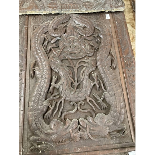 16 - Carved Oriental triple screen with foliate carving and hardwood carved panel.