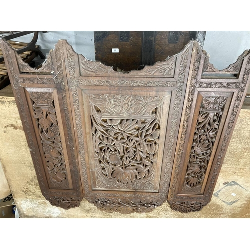 16 - Carved Oriental triple screen with foliate carving and hardwood carved panel.