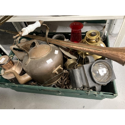 25 - Metalware: Brass and pewter assorted lamps includes a Freddie Anderson clear drop, and an early 20th... 