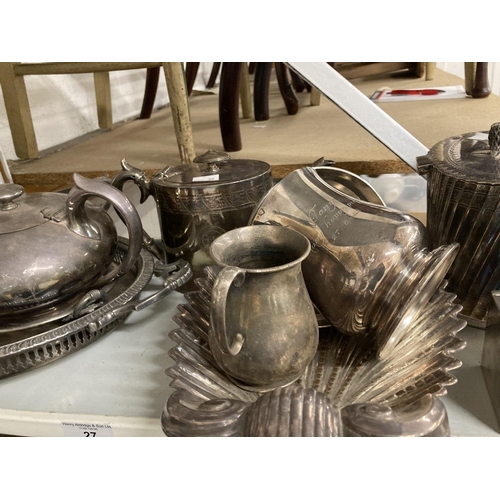 27 - Platedware: Hotel ware a selection of caddies, teapots, tankards, goblets, serving dishes and trays ... 