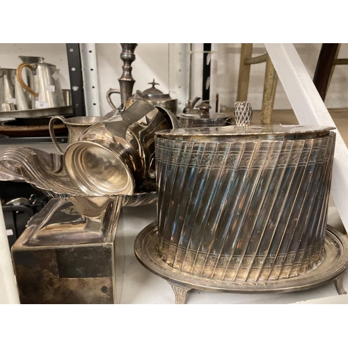 27 - Platedware: Hotel ware a selection of caddies, teapots, tankards, goblets, serving dishes and trays ... 